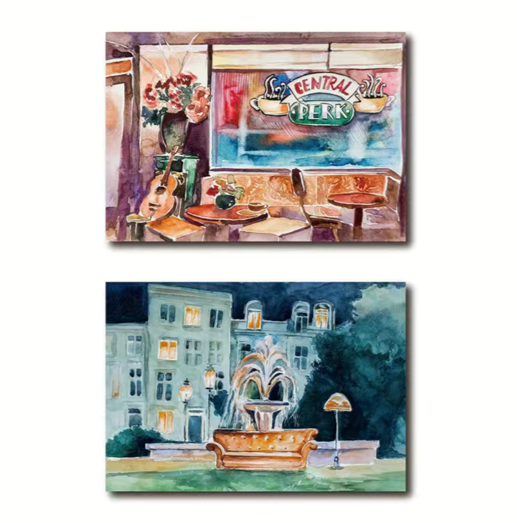 FRIENDS Fountain & Central Perk Watercolor Wall Art | Set of 2 Prints (Unframed)